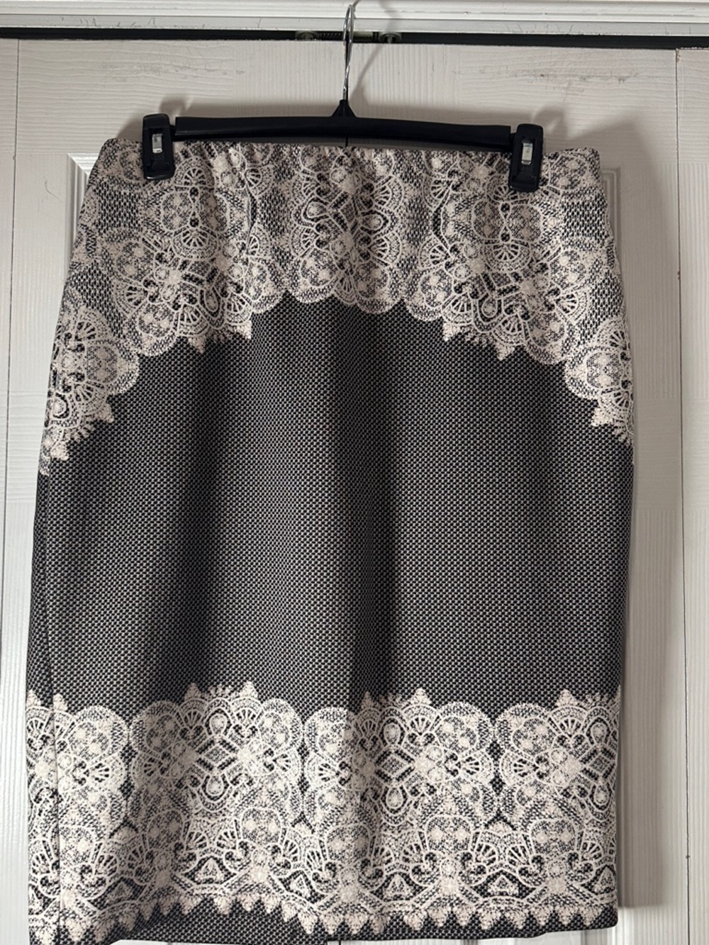 Ice Black Pencil Skirt with Cream Lace Border